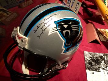 Signed helmet from Panthers owner to Billy Graham on display at the library in Charlotte